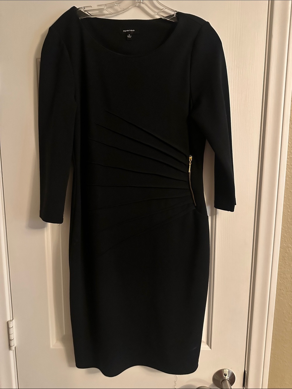 Spense Black Midi Dress with Asymmetric Pleat and Side Zip